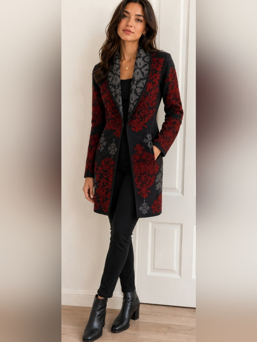 Tribal Long Knit Coatigan with Red & Gray Damask Pattern